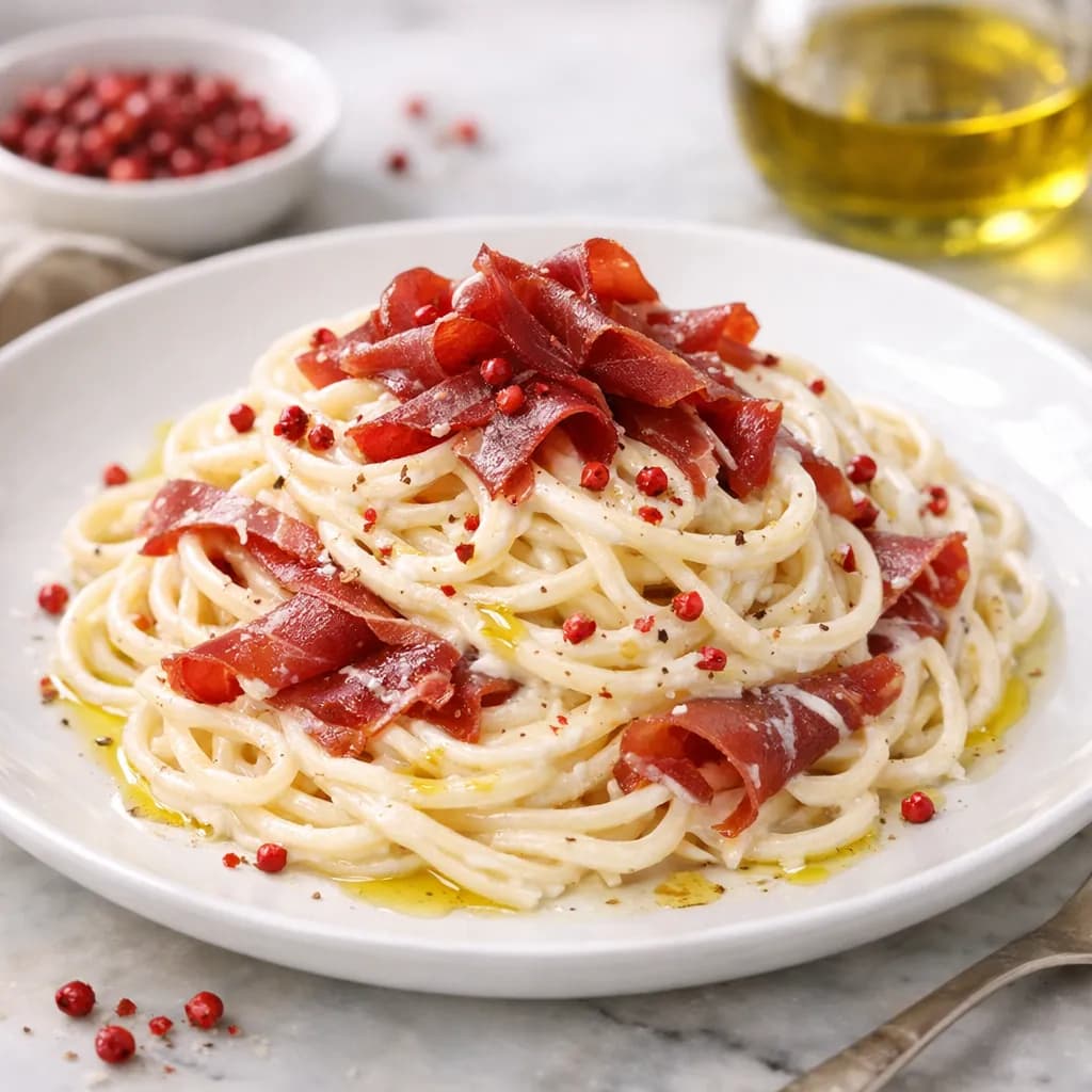 Spaghetti Philadelphia e bresaola con pepe rosa