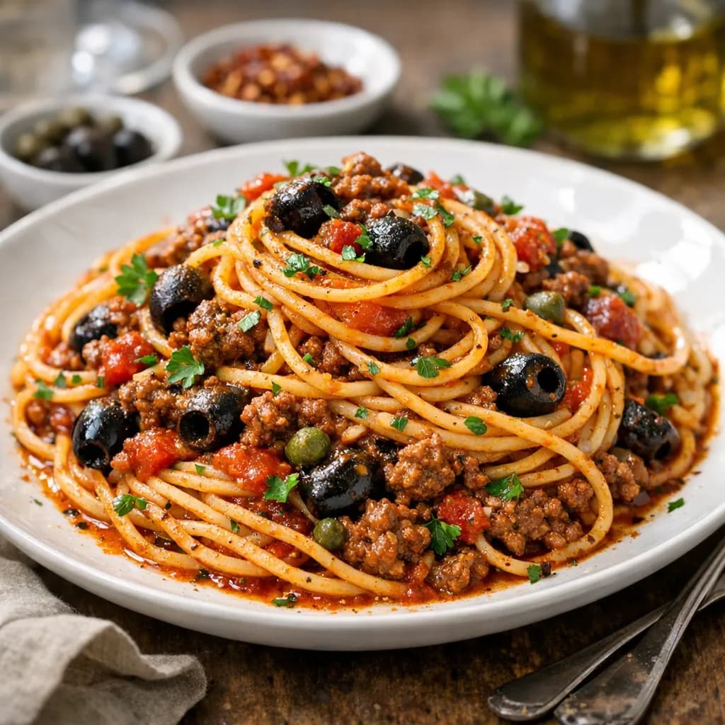 Spaghetti alla Puttanesca with Ground Beef