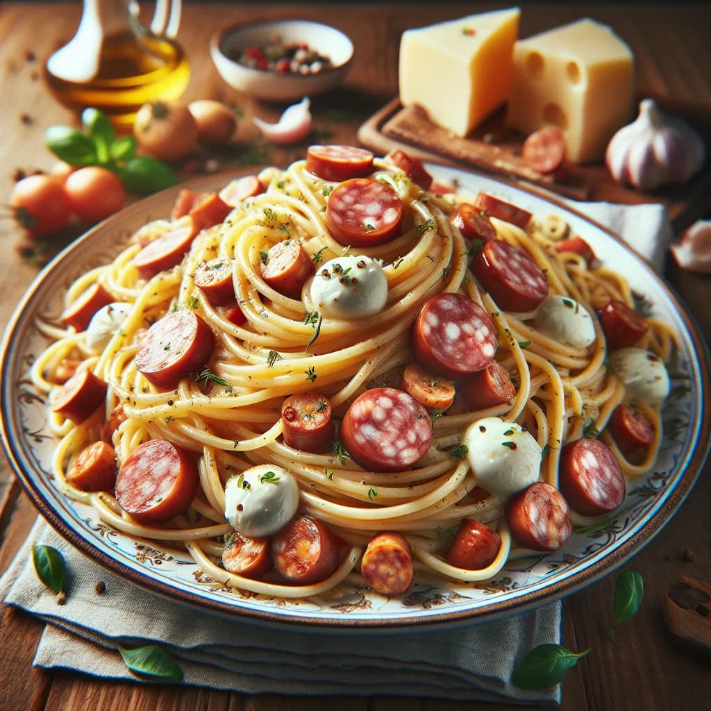 Spaghetti alla Tirolese con Salsiccia e Mozzarella
