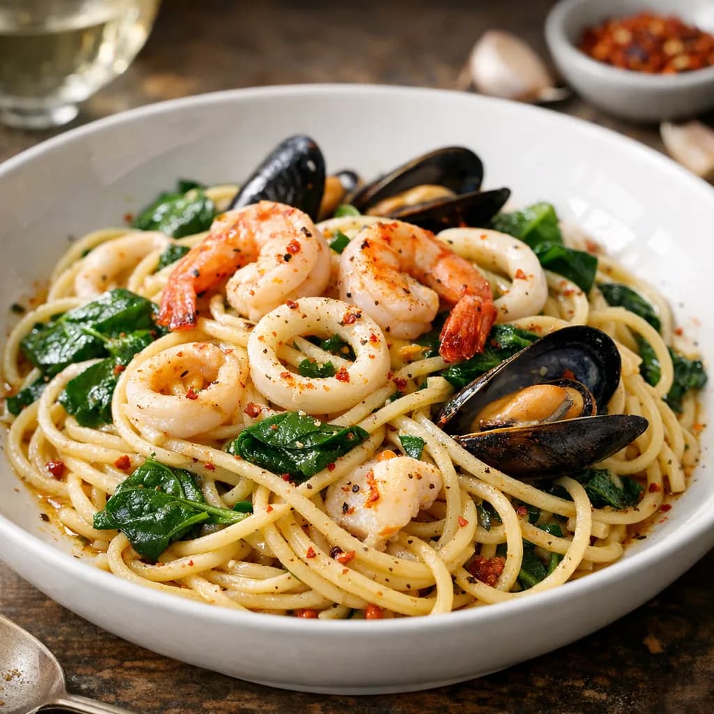 Spaghetti aux fruits de mer et épinards frais