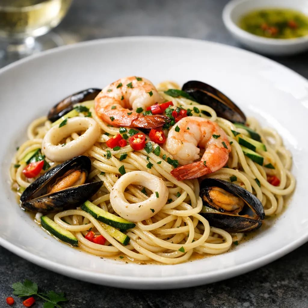 Spaghetti aux fruits de mer et courgettes