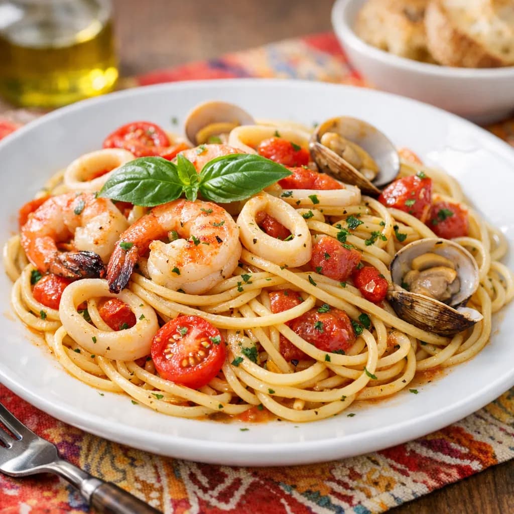 Spaghetti aux fruits de mer et tomates fraîches