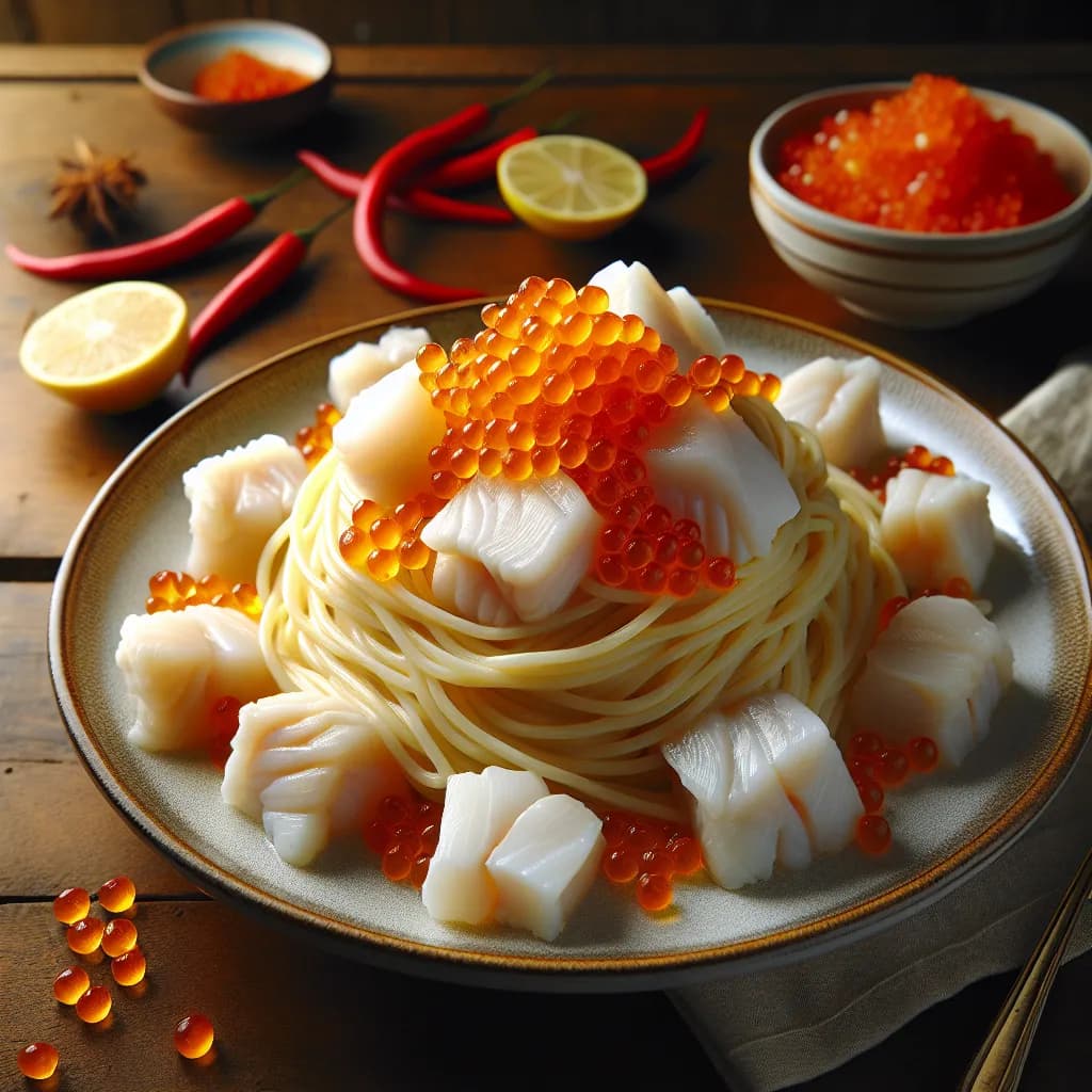 Spaghetti con Baccalà e Uova di Pesce al Peperoncino Piccante