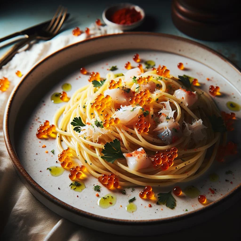Spaghetti con Baccalà e Uova di Pesce al Prezzemolo e Peperoncino