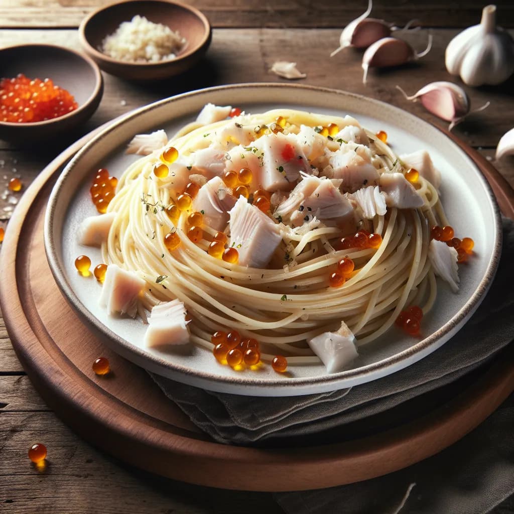 Spaghetti con Baccalà e Uova di Pesce all'Aglio e Peperoncino