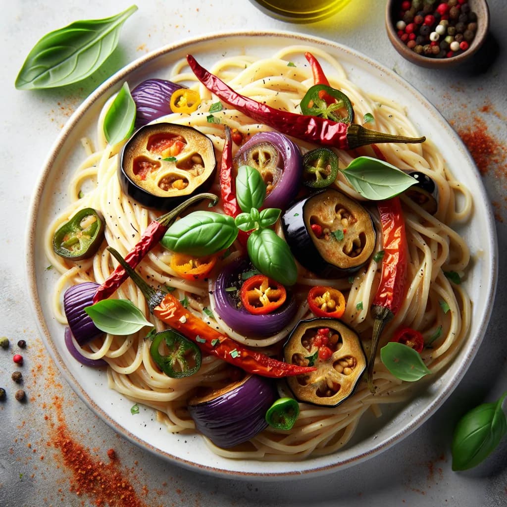 Spaghetti con Melanzane e Peperoni Piccanti