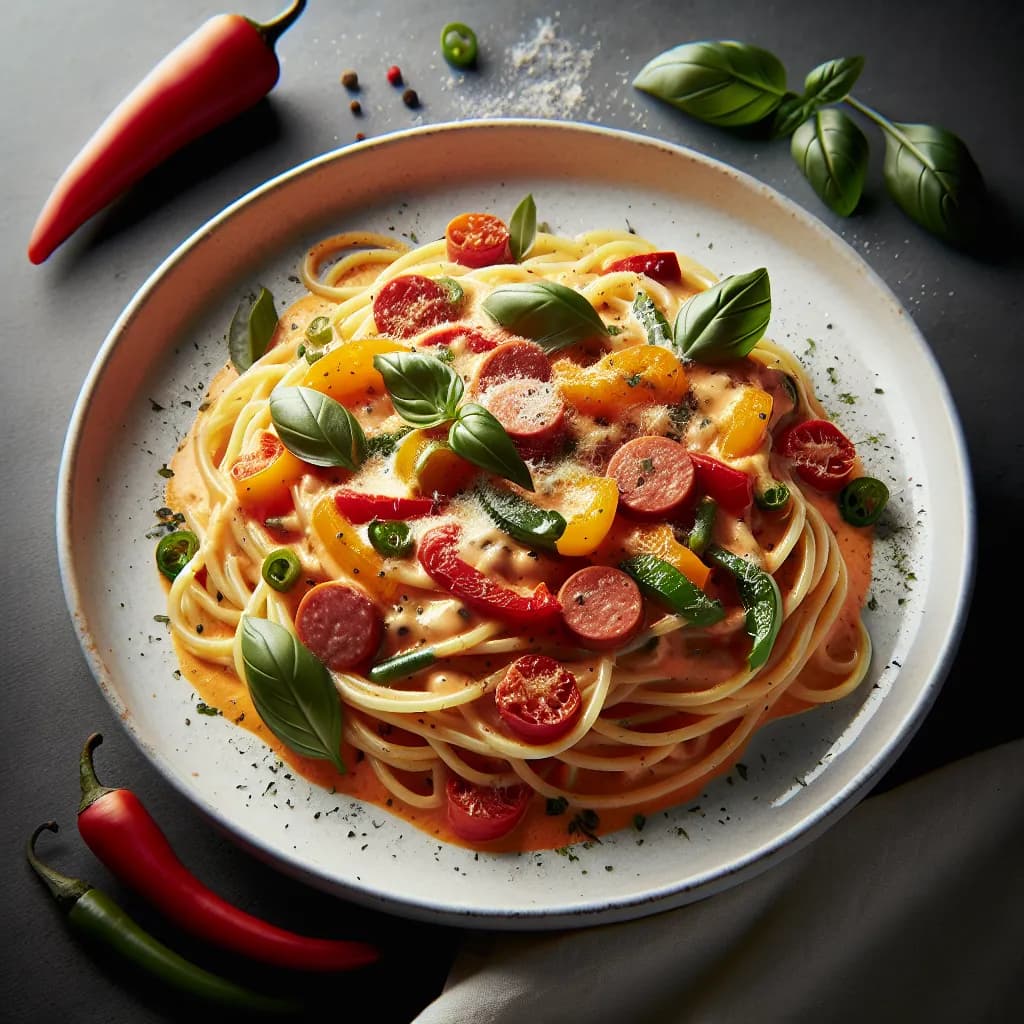 Spaghetti con Salsa di Peperoni, Salsiccia e Panna