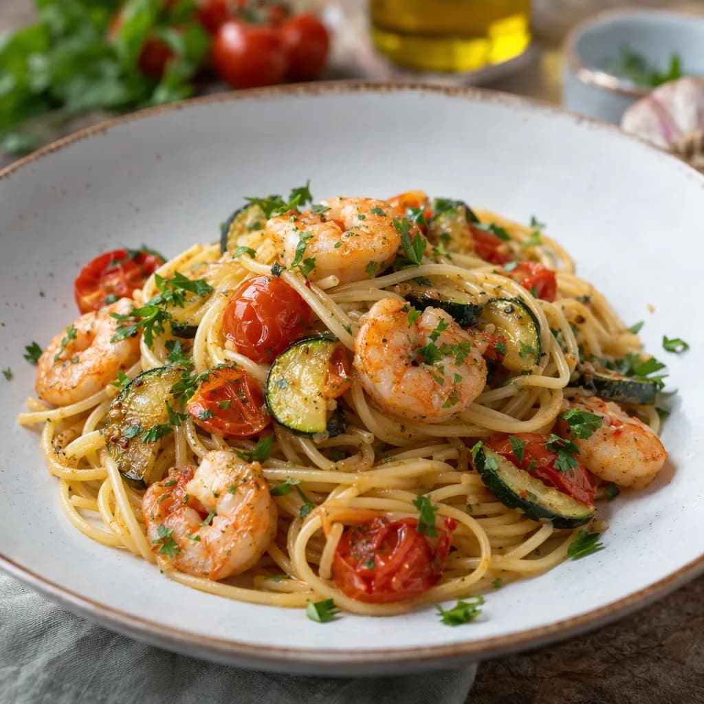 Spaghetti con gamberetti, zucchine, aglio e pomodorini