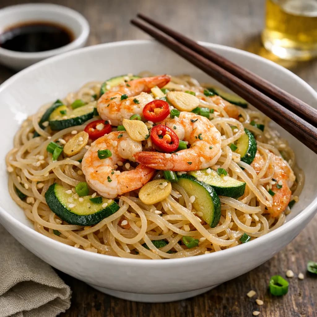 Spaghetti di soia con gamberi e zucchine