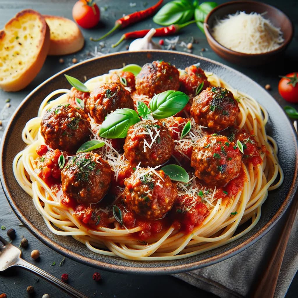 Spaghetti mit würzigen Fleischbällchen