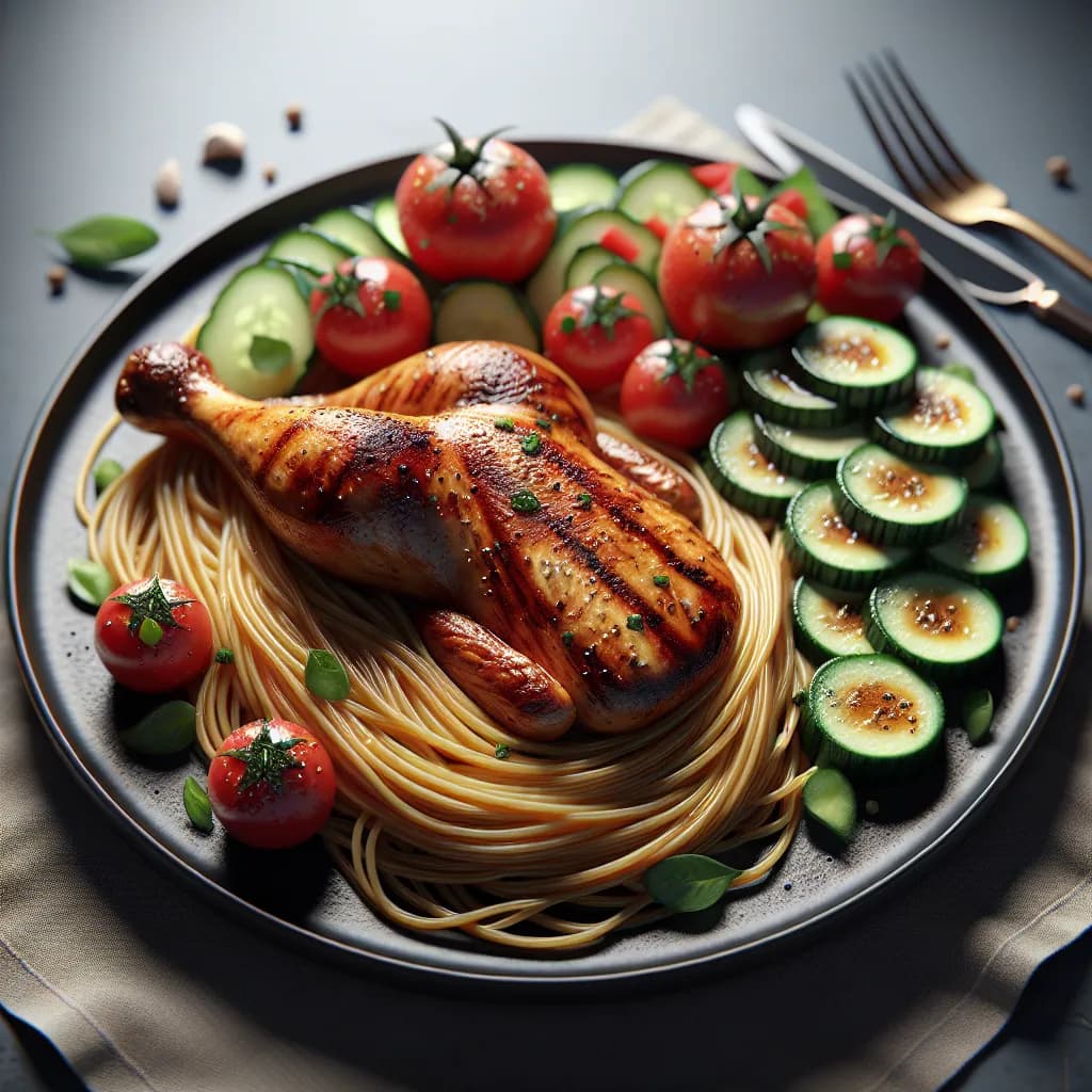Spaghetti with Chicken and Cucumber Salad