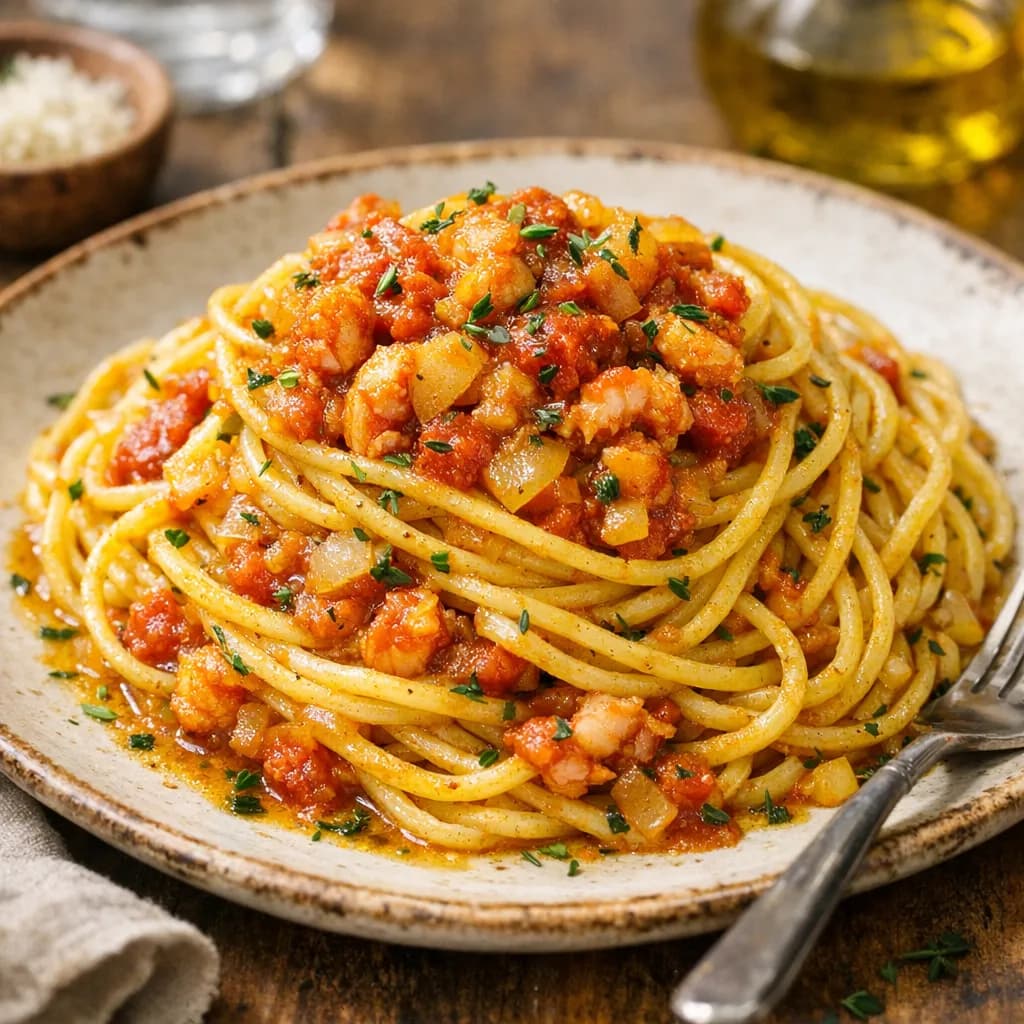 Spaghetti with Savory Crayfish Tomato Sauce