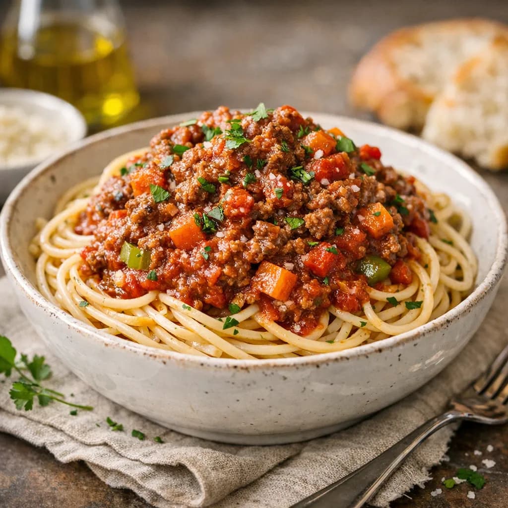 Spaghetti with Tomato Meat Ragu