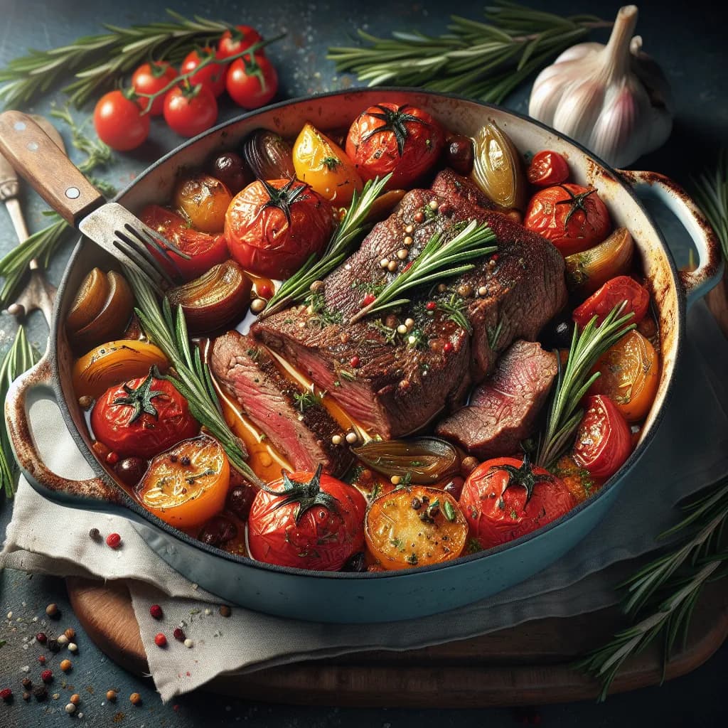 Spezzatino di Vitello al Forno con Rosmarino e Pomodori
