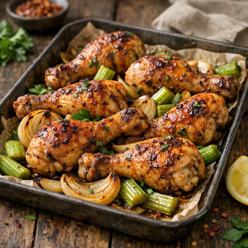 Spicy Baked Chicken Drumsticks with Onion and Celery
