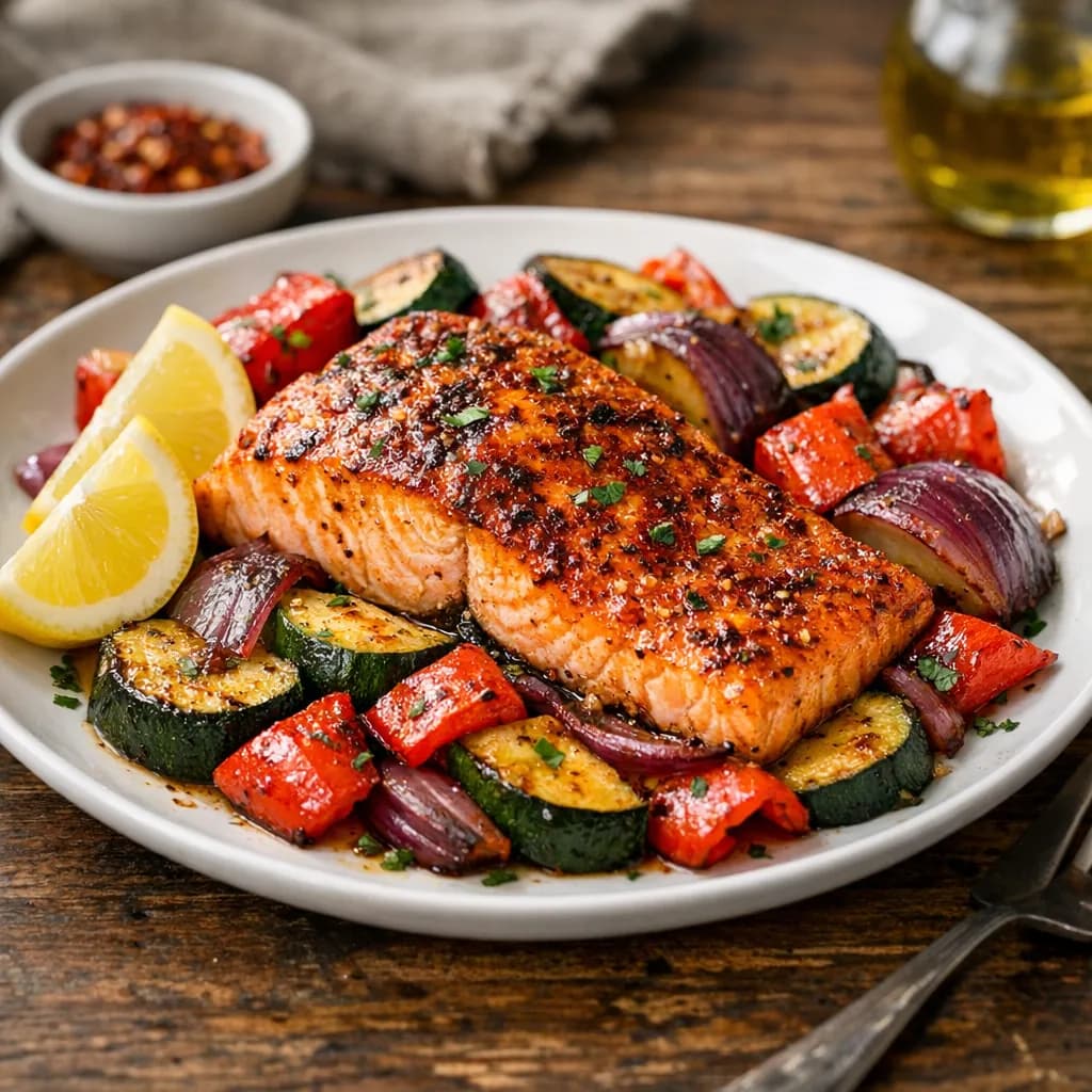 Spicy Baked Salmon with Roasted Vegetables