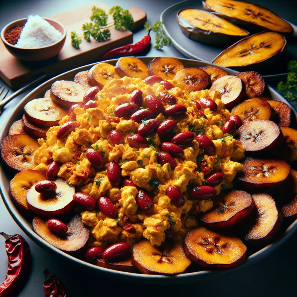 Spicy Beans and Egg with Fried Plantain