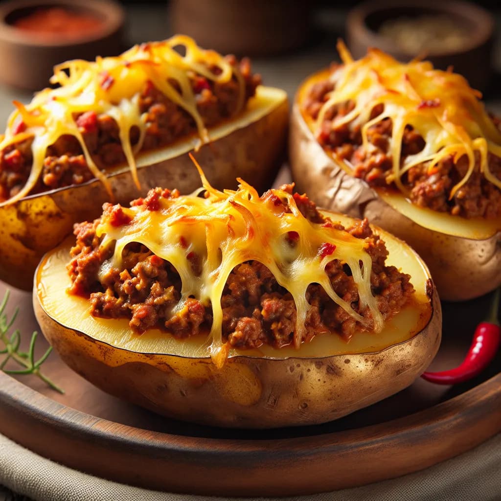Spicy Beef and Cheese Stuffed Potatoes