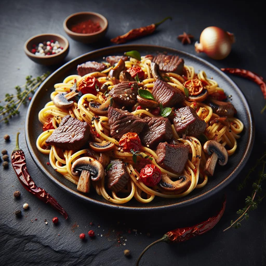 Spicy Beef, Mushroom, and Onion Pasta