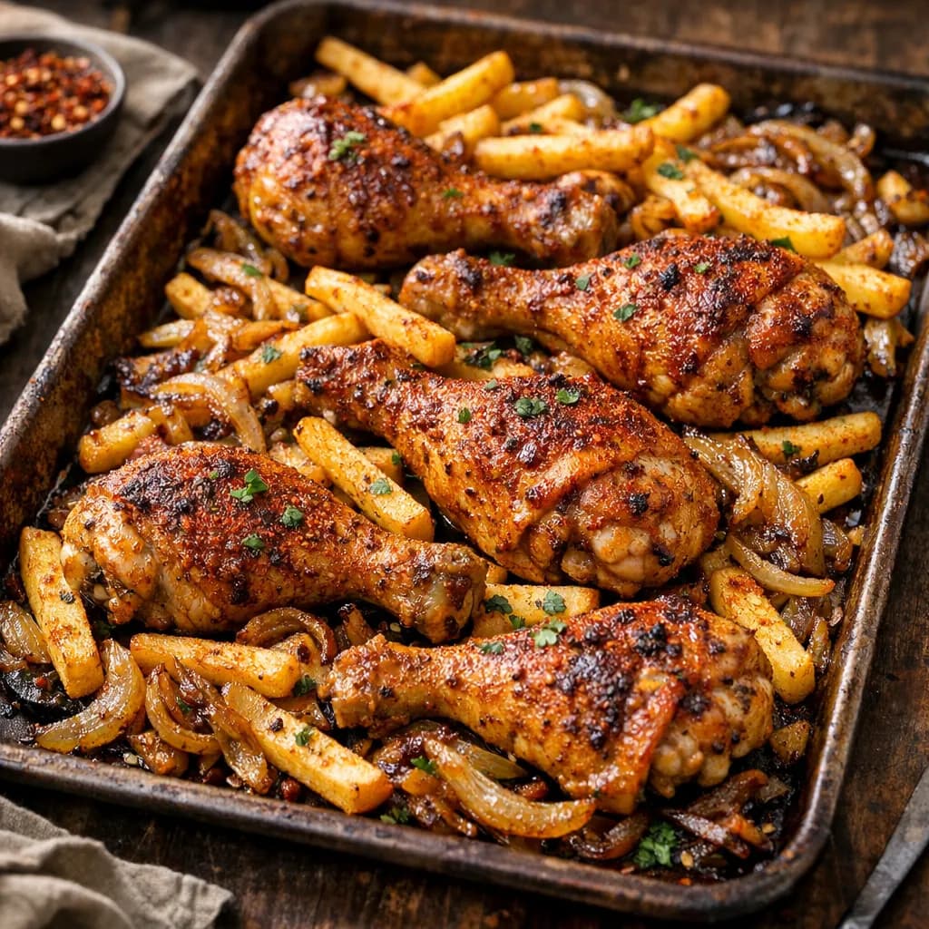 Spicy Chicken Leg Tray Bake with Fries