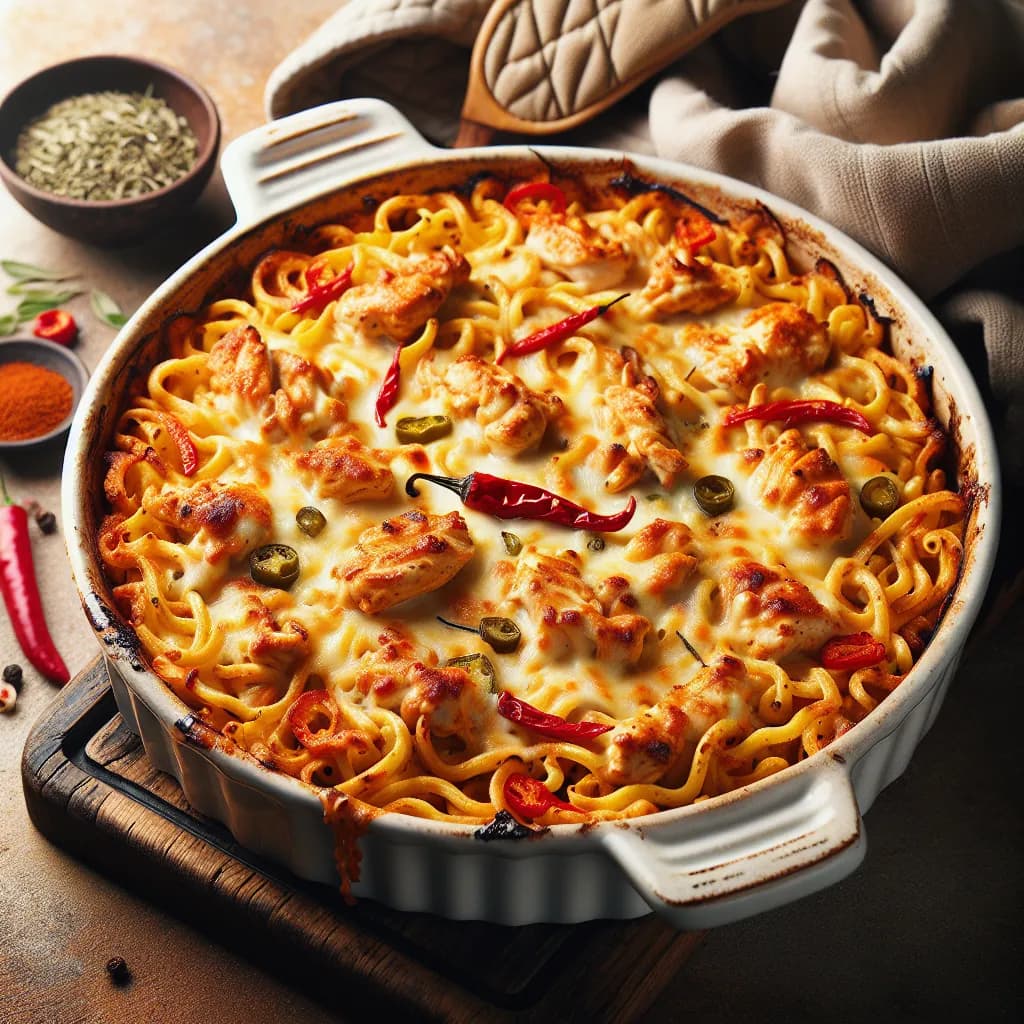 Spicy Chicken and Cheese Noodle Bake