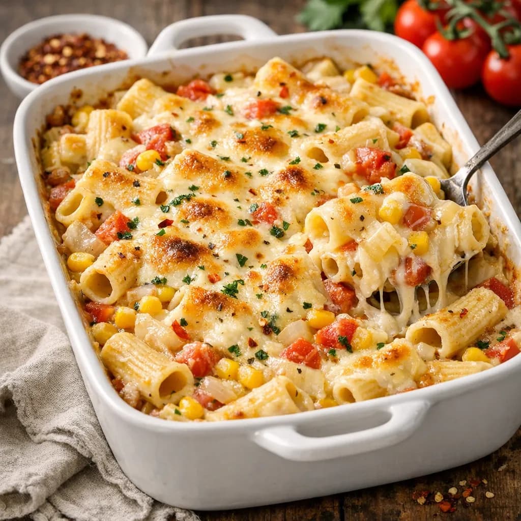 Spicy Corn and Onion White Sauce Pasta Bake