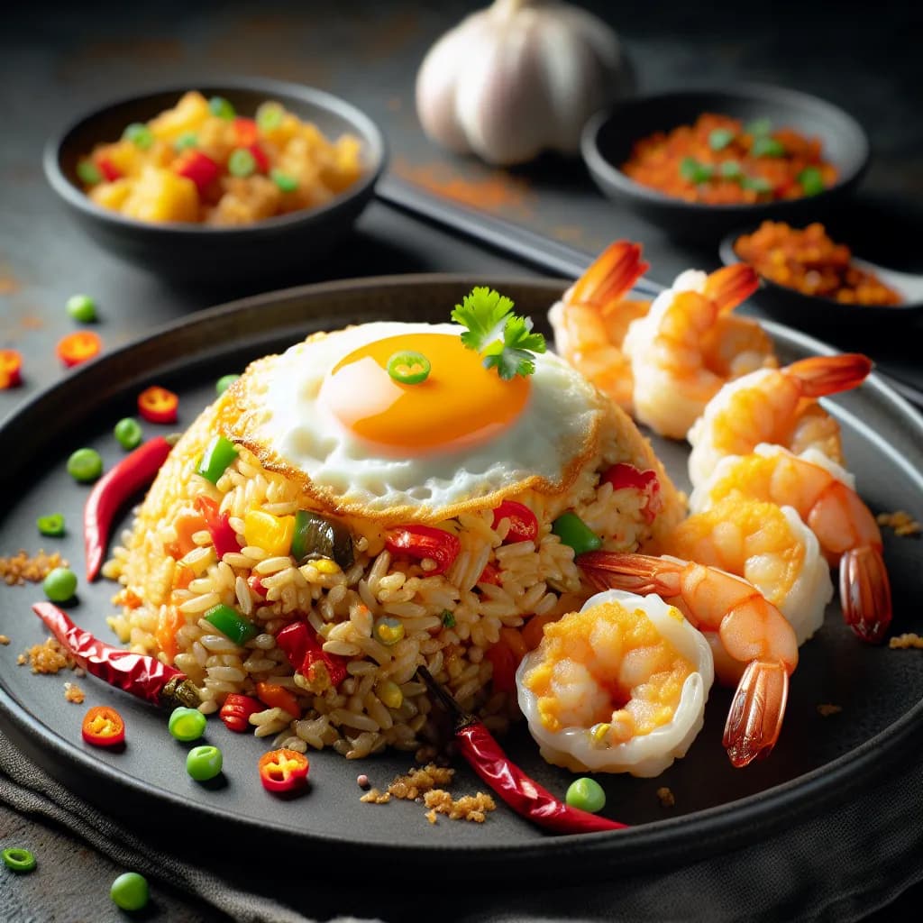 Spicy Egg Fried Rice with Shrimp Dim Sum
