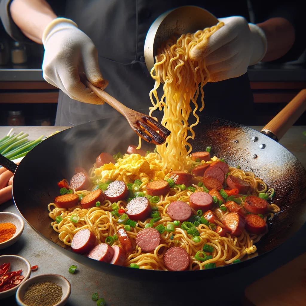 Spicy Egg and Sausage Fried Noodles