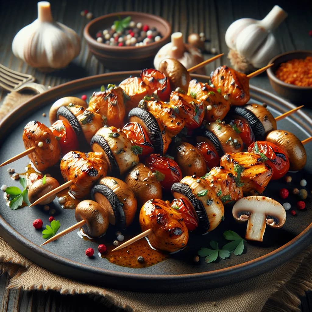Spicy Garlic Mushroom and Chicken Skewers
