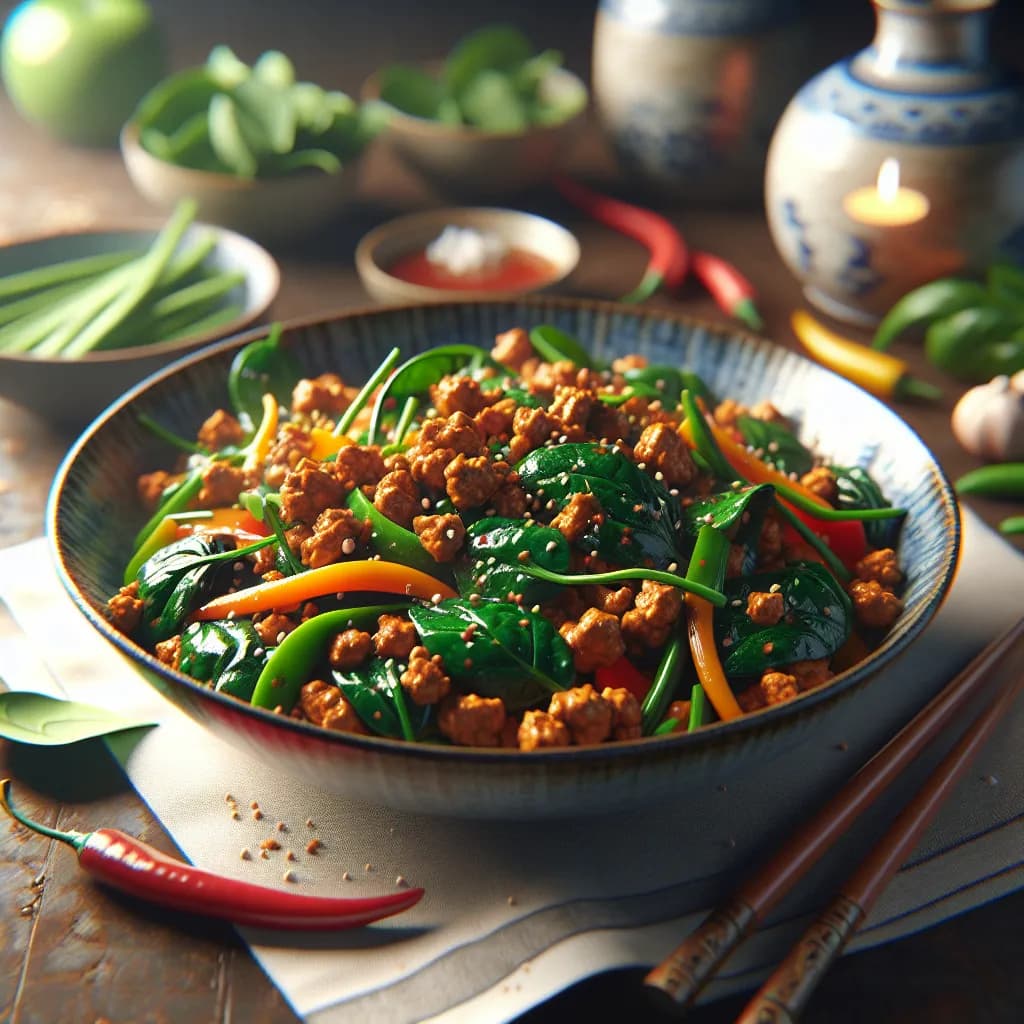 Spicy Ground Meat and Spinach Stir-Fry