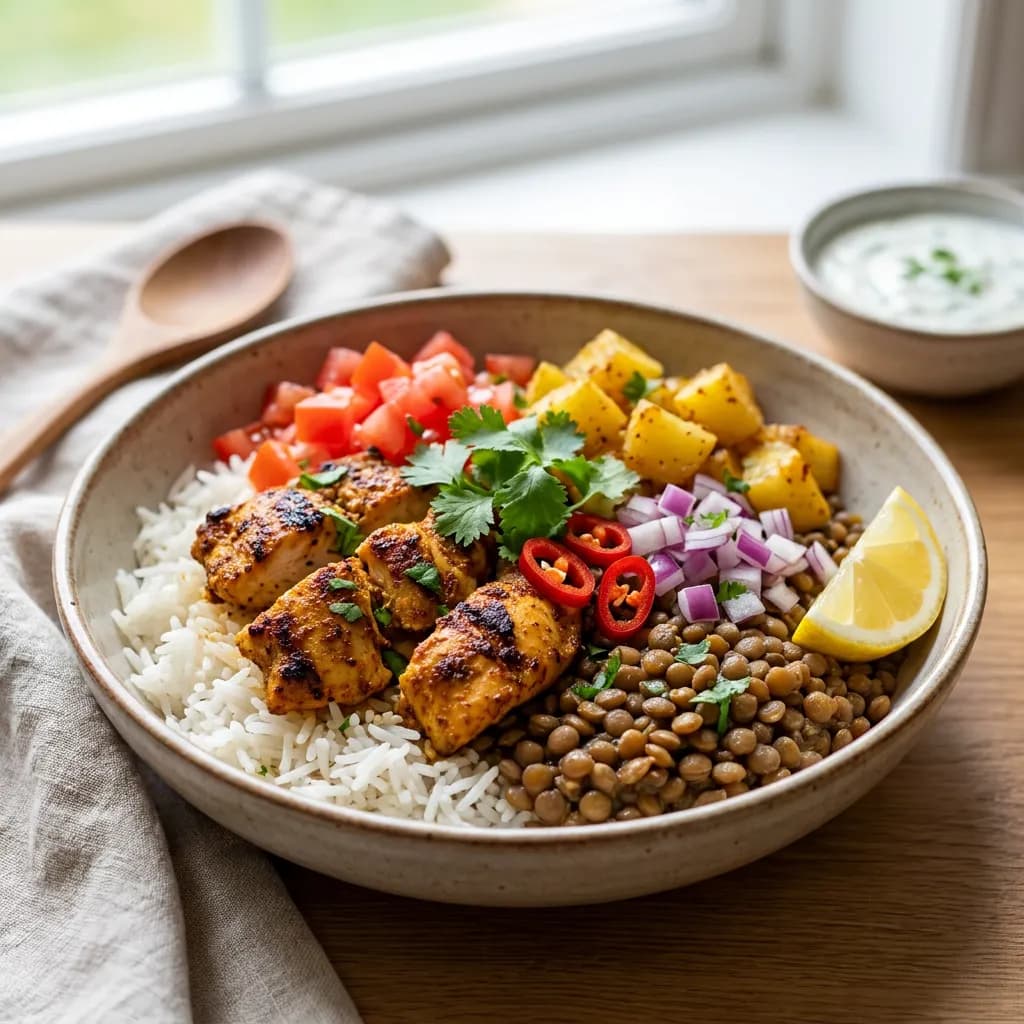Spicy Halal Chicken, Lentil and Rice Bowl