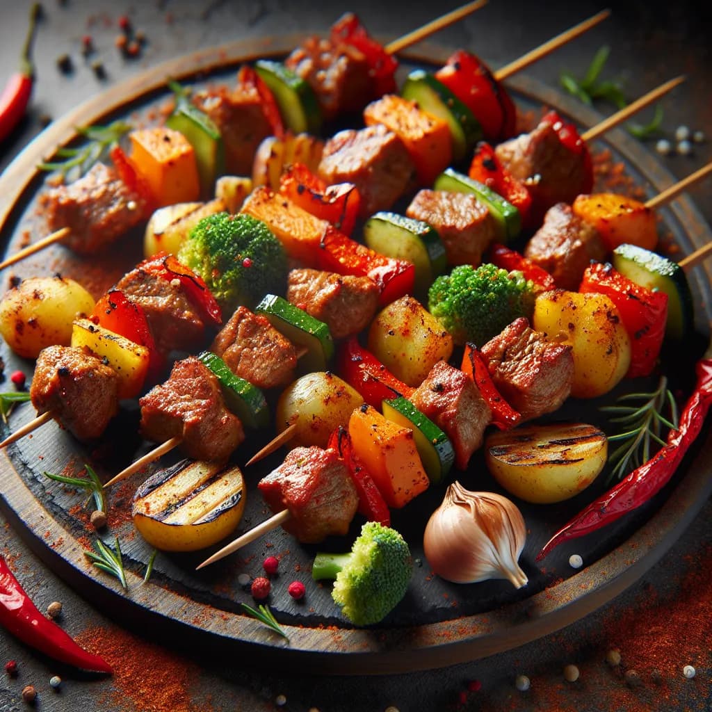 Spicy Halal Meat and Veggie Skewers