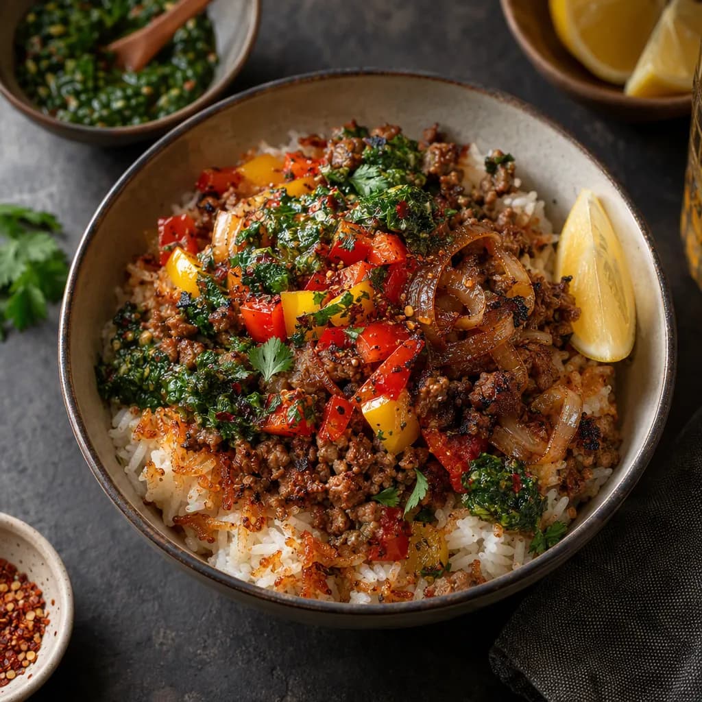 Spicy Harissa Duck Crispy Rice Bowls with Chimichurri
