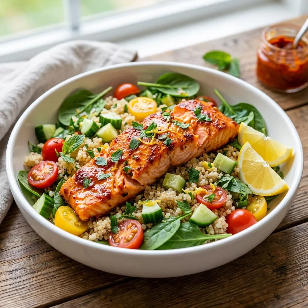 Spicy Harissa Lemon Salmon Quinoa Salad