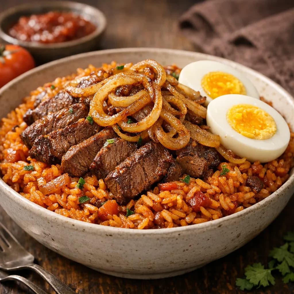 Spicy Jollof Rice with Meat and Onion Garnish