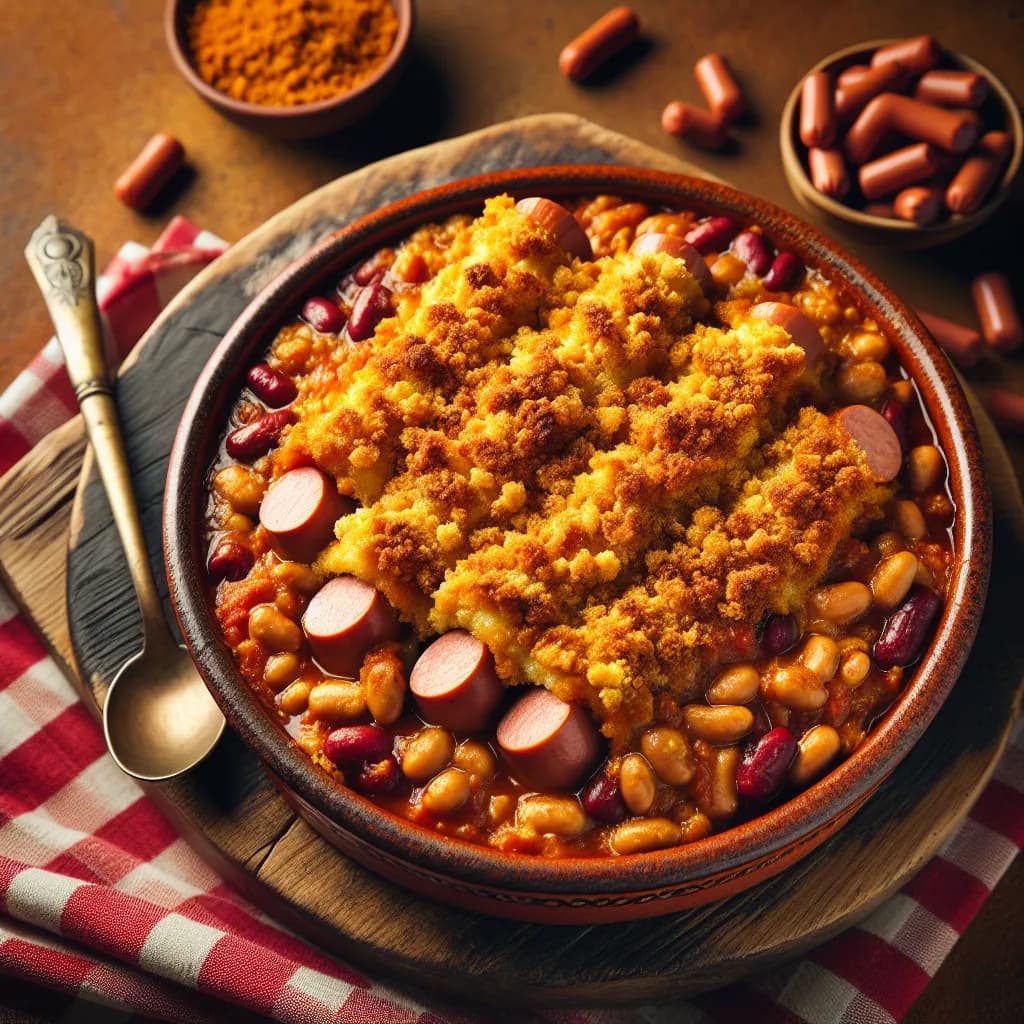 Spicy Kosher Pork and Bean Casserole with Hot Dogs