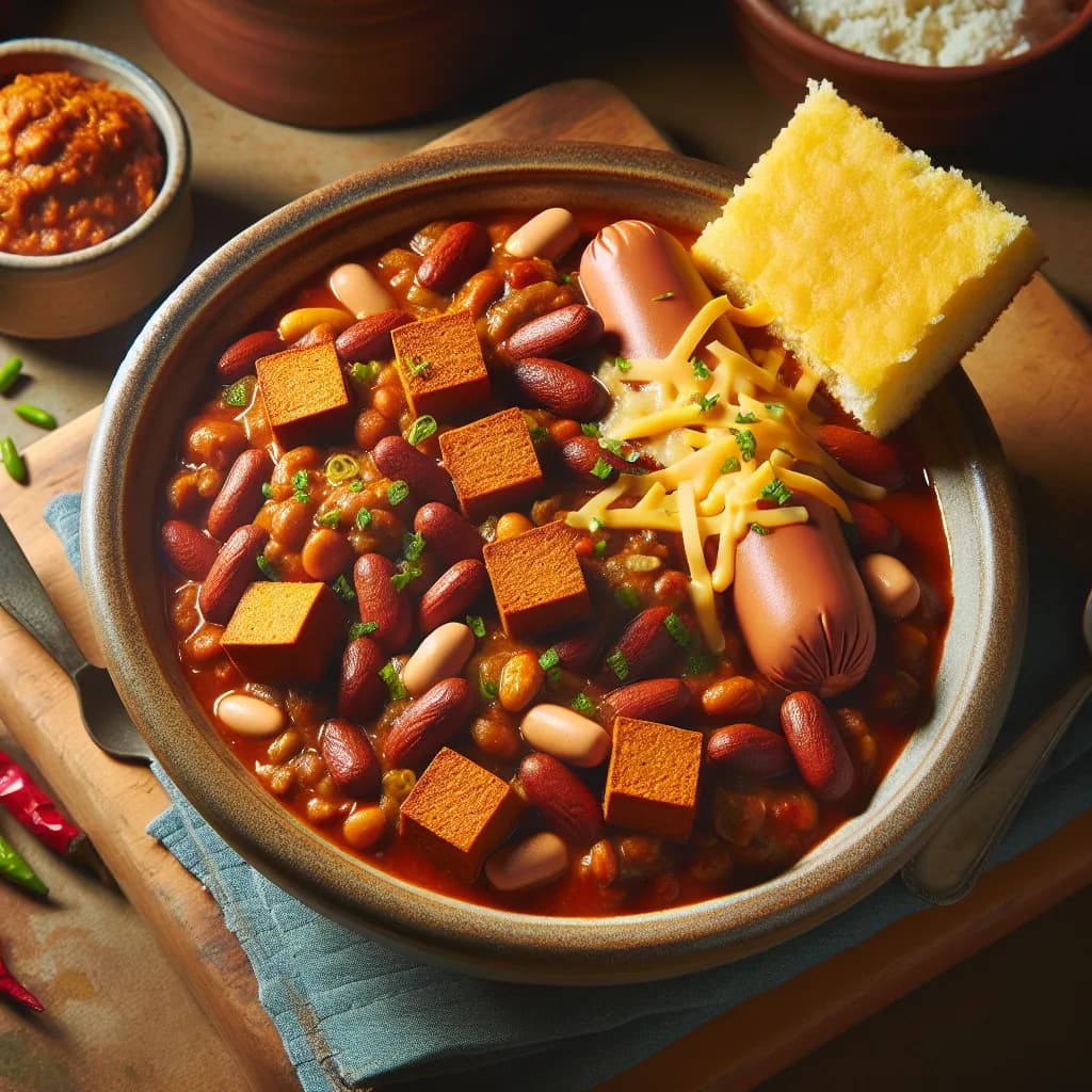 Spicy Kosher Pork and Bean Chili with Hot Dogs