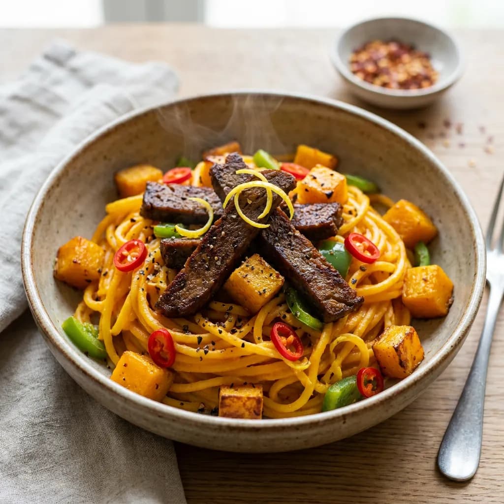 Spicy Lemon Pumpkin Pasta with Vegan Steak Strips