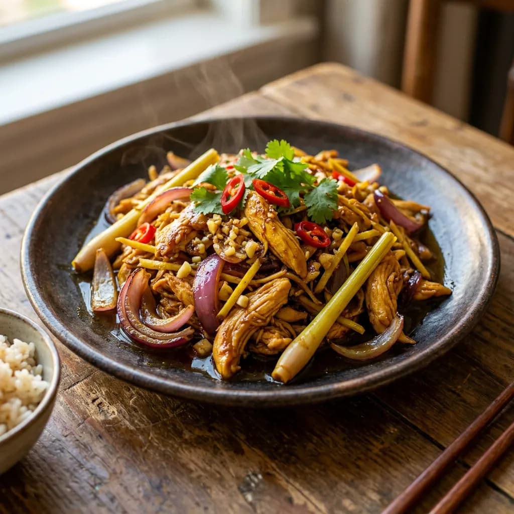 Spicy Lemongrass Soy Shredded Chicken Stir-Fry