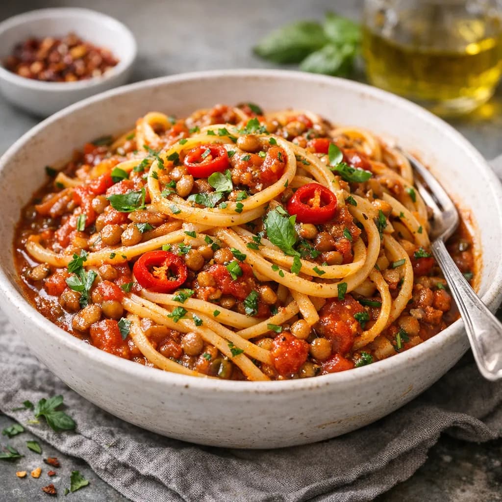 Spicy Lentil & Tomato One Pot Pasta