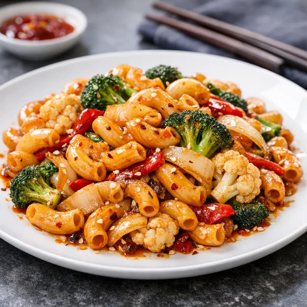 Spicy Macaroni and Veggie Stir-Fry