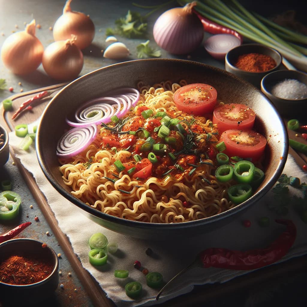 Spicy Maggie Noodles with Onion and Tomato