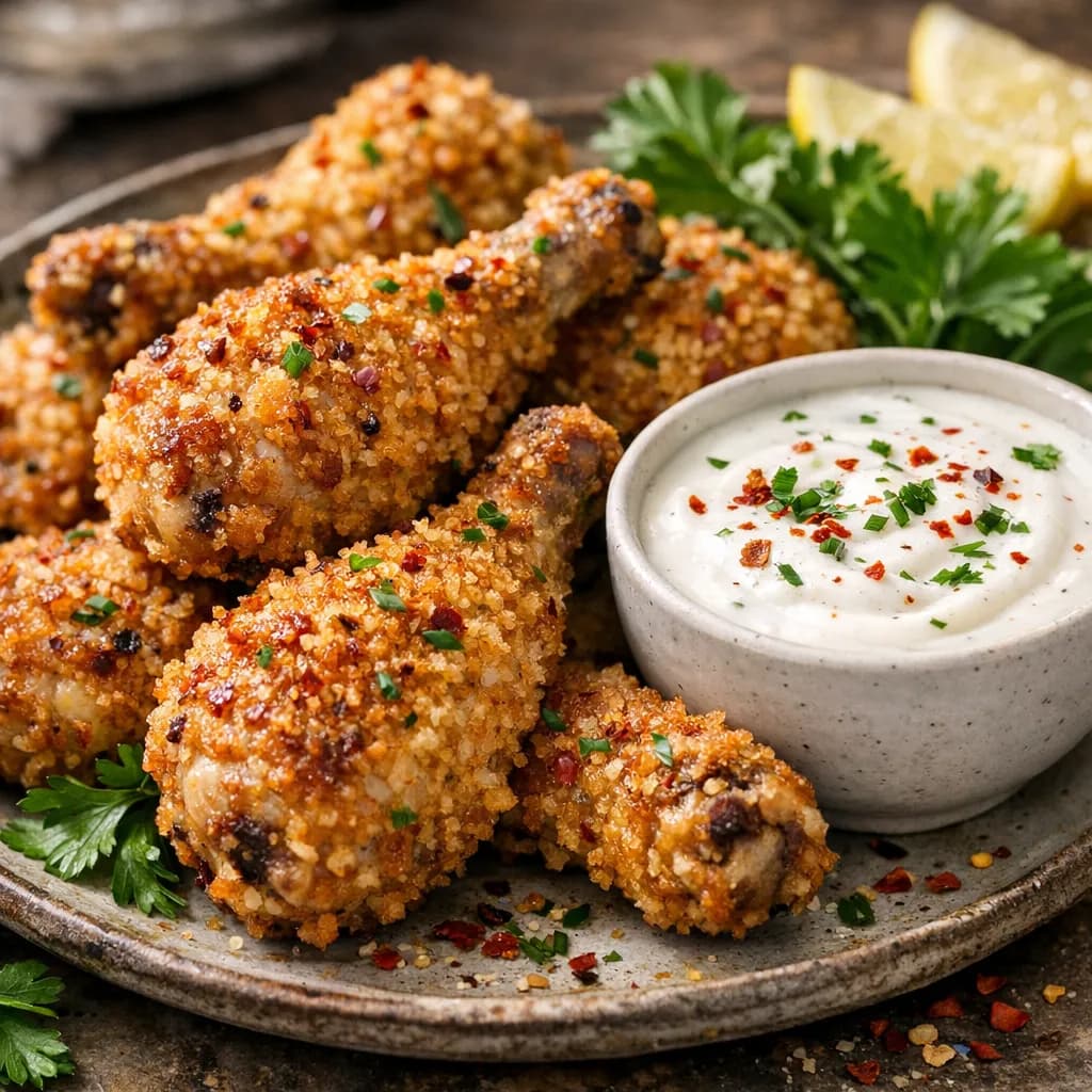Spicy Panko-Crusted Chicken Drumsticks with Buttermilk Dip