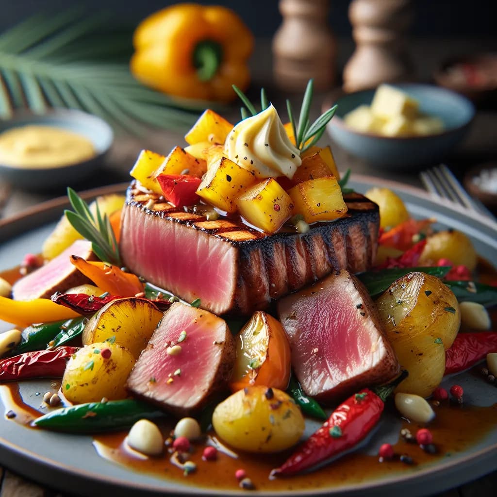 Spicy Pineapple Seared Tuna with Garlic Butter Roasted Bell Peppers and Baby Potatoes