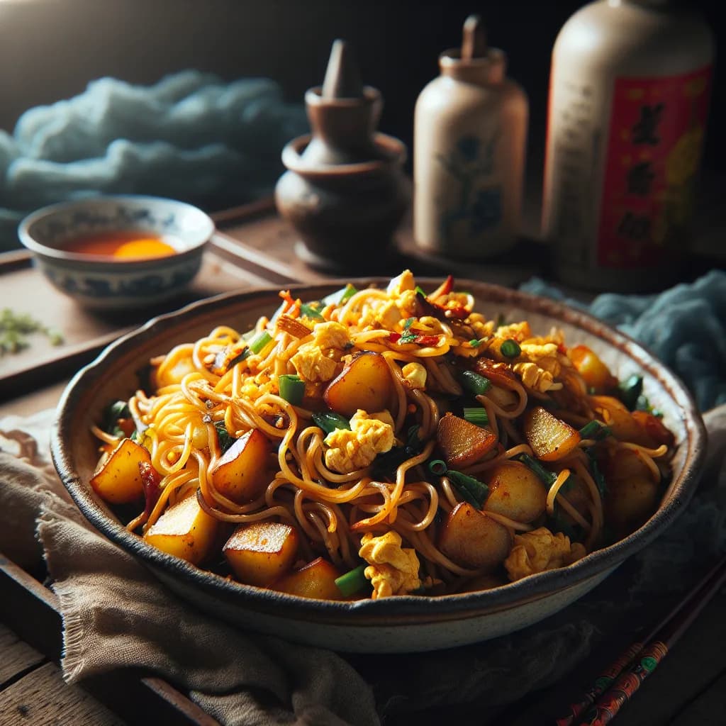 Spicy Potato and Egg Stir-fried Noodles