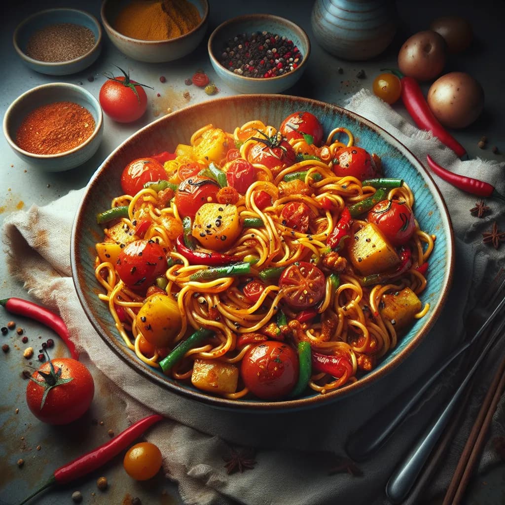 Spicy Potato and Tomato Noodle Stir-Fry