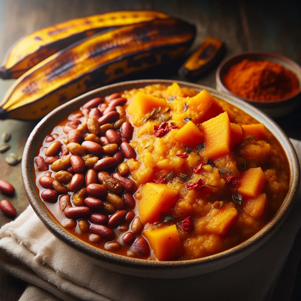 Spicy Pumpkin and Bean Porridge with Fried Plantain