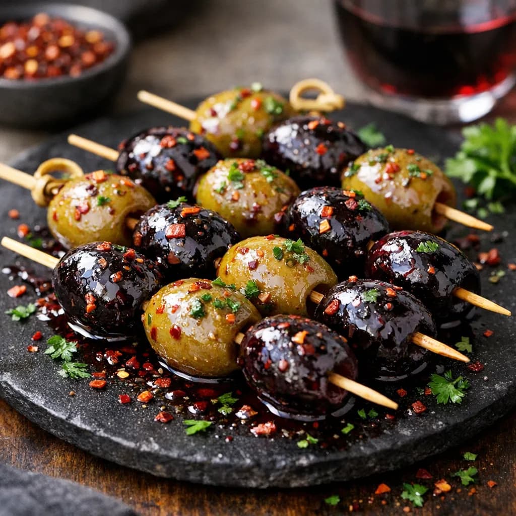 Spicy Red Wine Olive Skewers