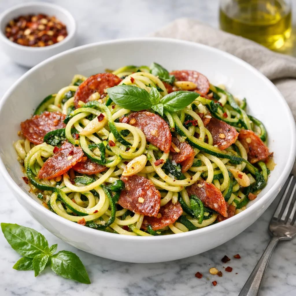 Spicy Salami Garlic Zoodle Bowl