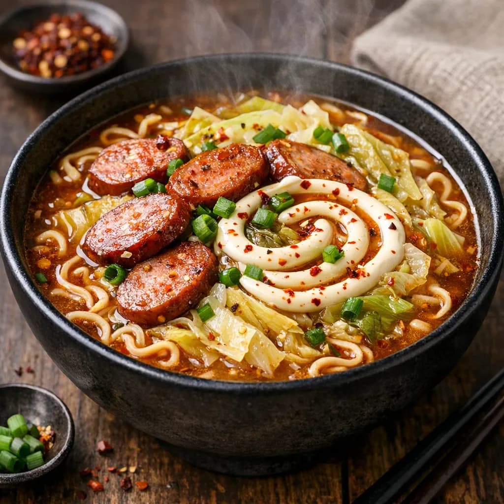 Spicy Sausage and Cabbage Noodle Soup